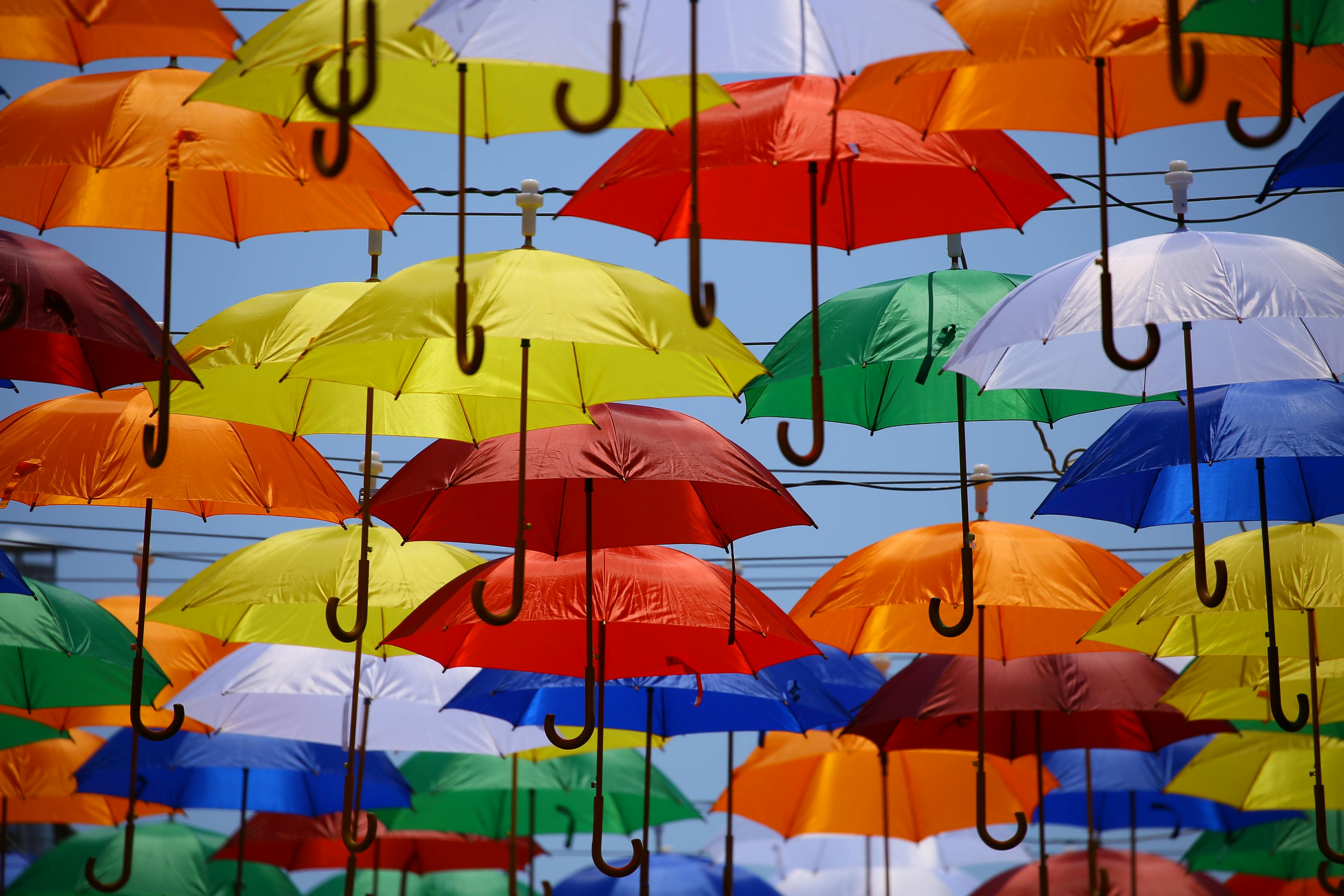 Colorful umbrellas suspended in the sky create a vibrant outdoor art installation.
