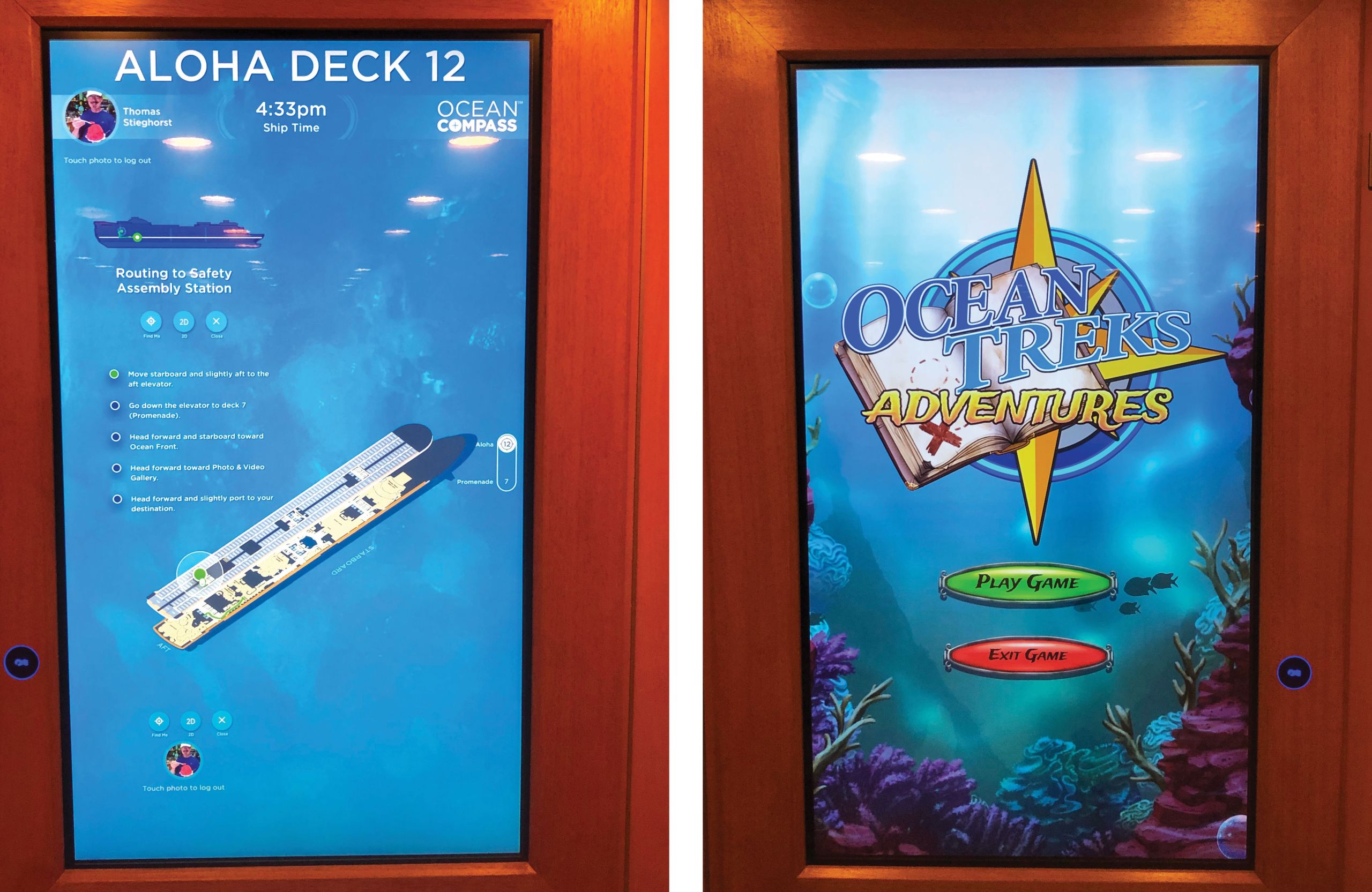 Left, a screen on the Caribbean Princess displays a map with the route from a cabin to a muster station. Right, the landing page of the Ocean Treks Adventures game onboard the Caribbean Princess. The game was named for a TV show produced by Carnival Corp. (TW photos by Tom Stieghorst)