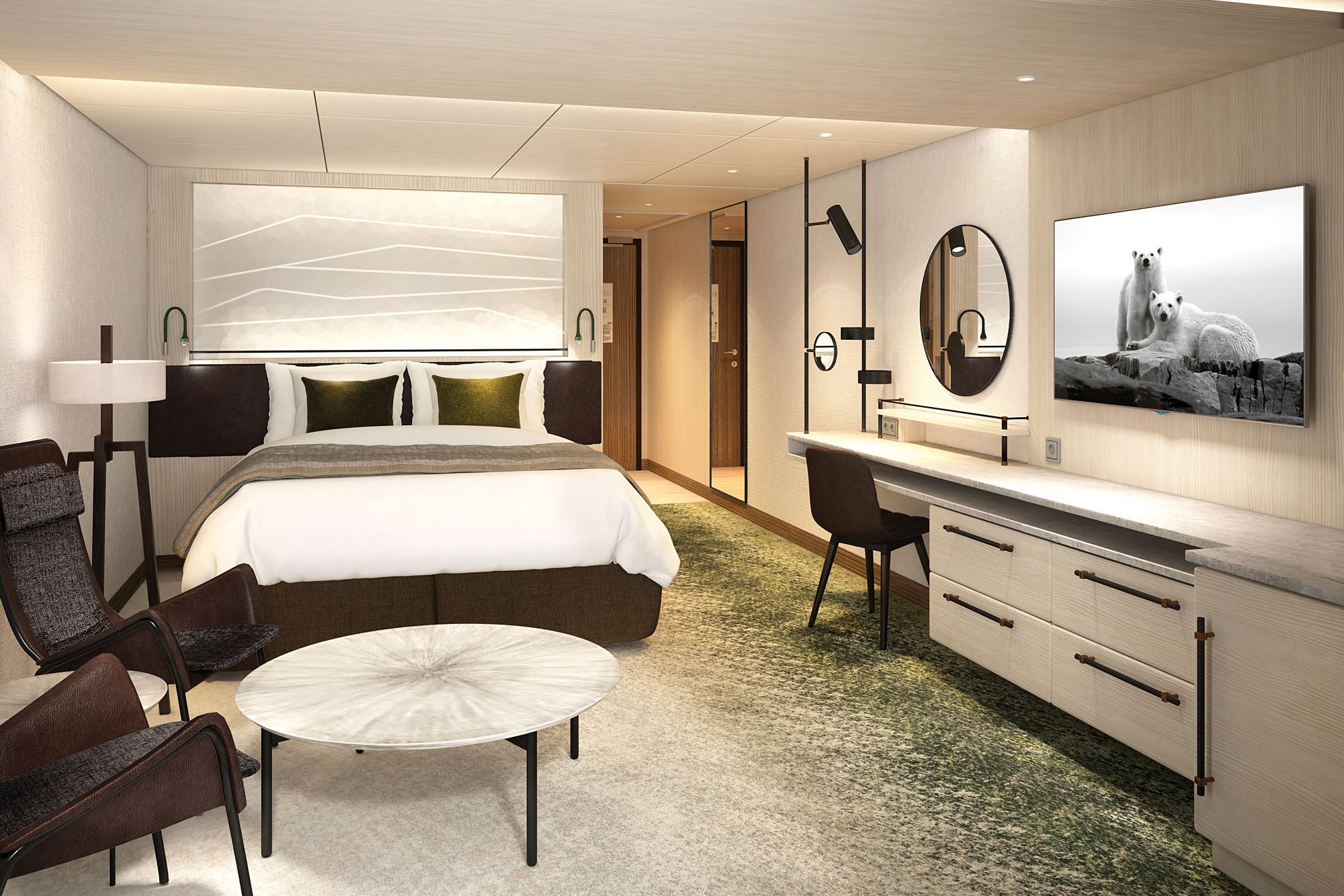 An expedition suite on Hurtigruten’s Roald Amundsen. The cruise line launched a remote work promotion in July. (Courtesy of Hurtigruten)