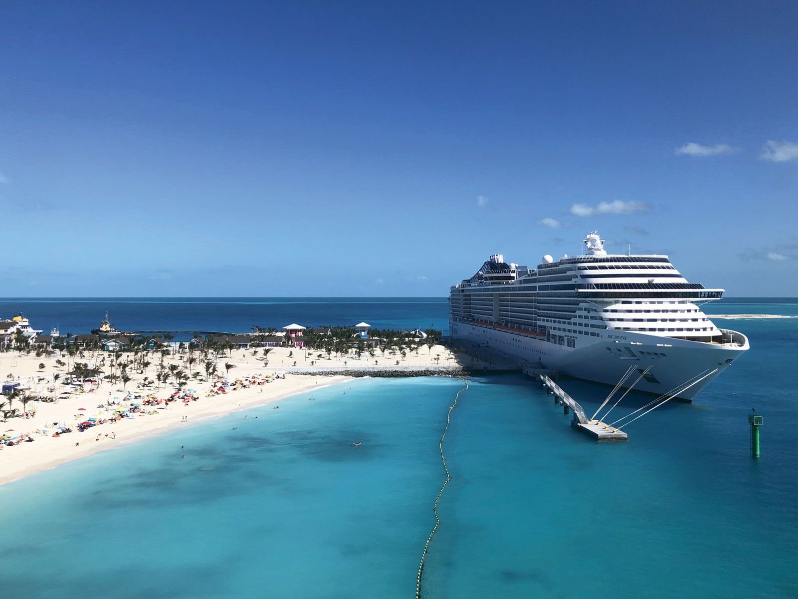 The MSC Divina docked at MSC Cruises’ Ocean Cay private island. Cruise line-owned islands could be among the first ports of call once cruising resumes. (TW Photo by Johanna Jainchill)