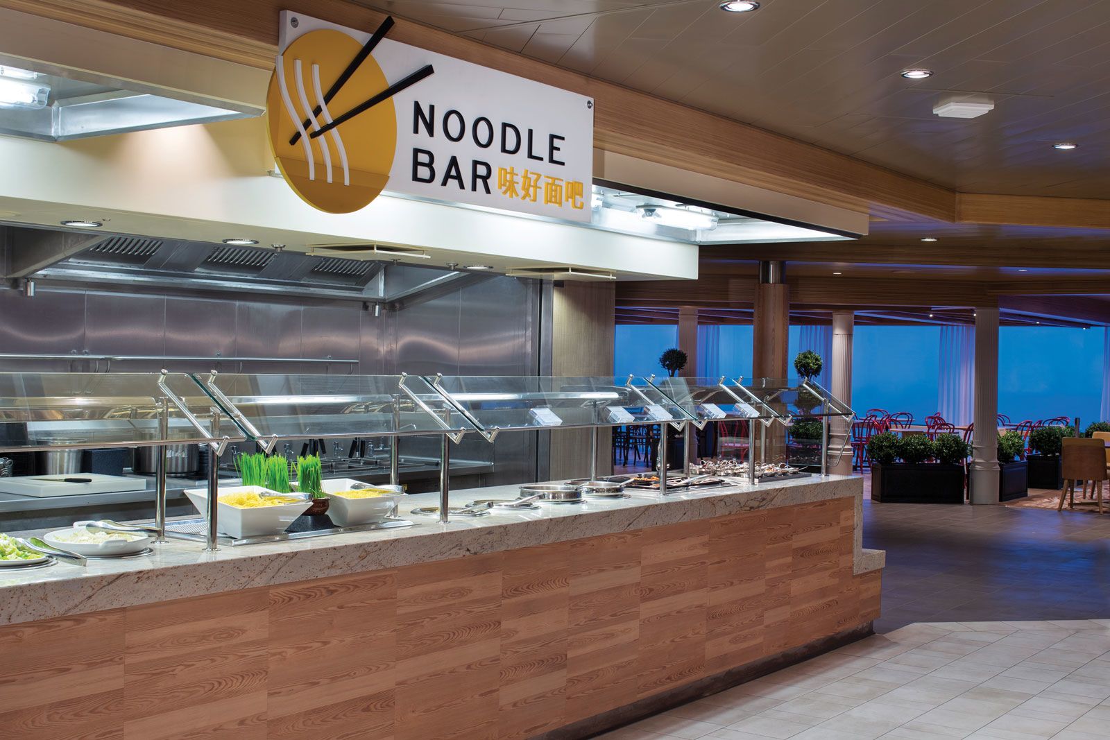 The Noodle Bar at the Windjammer buffet on Royal’s Spectrum of the Seas. Such self-serve dining options will likely be eliminated. 