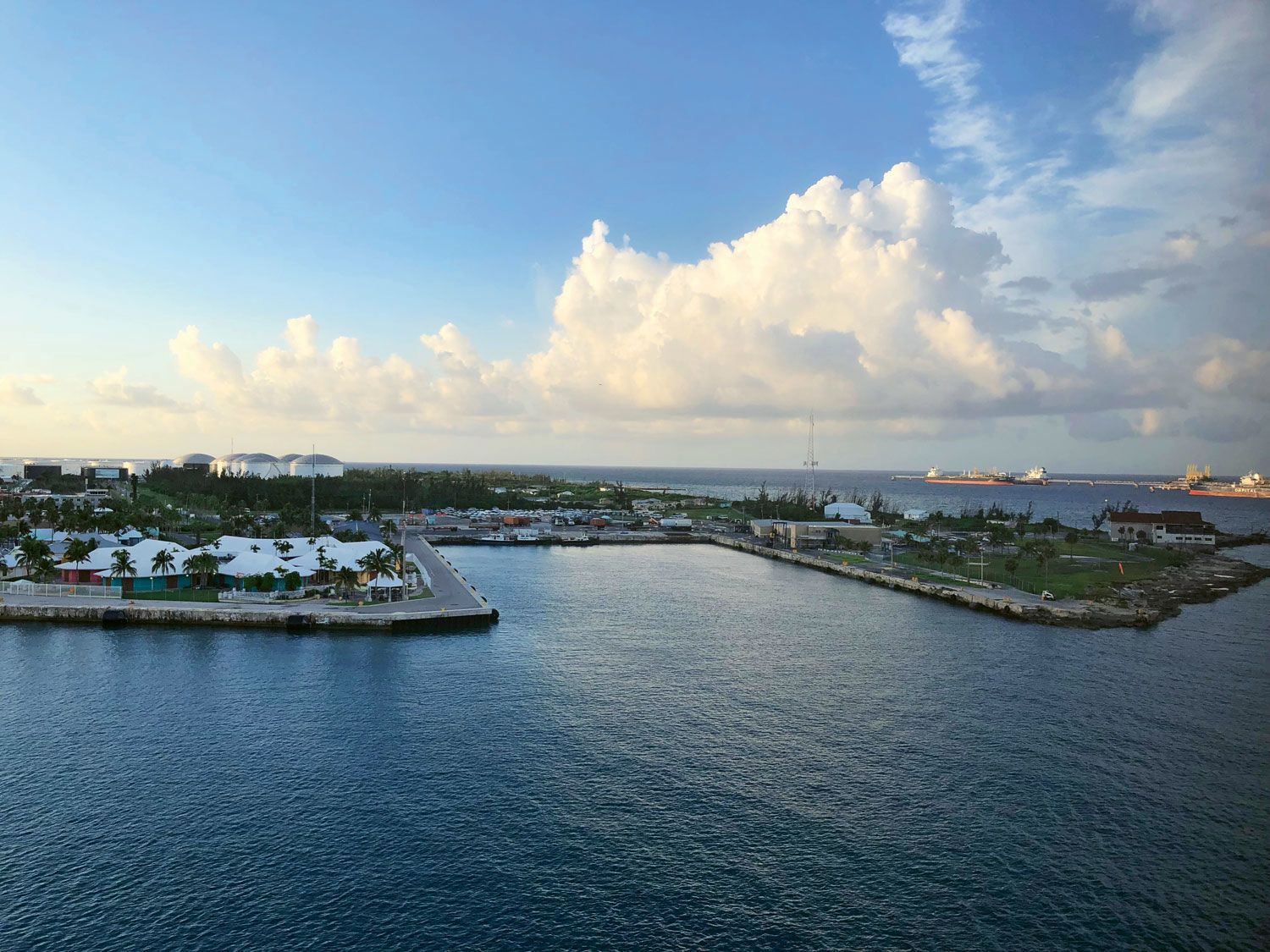 The existing cruise berths at Lucayan Harbor at Freeport accommodate a maximum of four ships. A redevelopment by a Royal Caribbean joint venture promises to expand that. (TW photo by Tom Stieghorst)