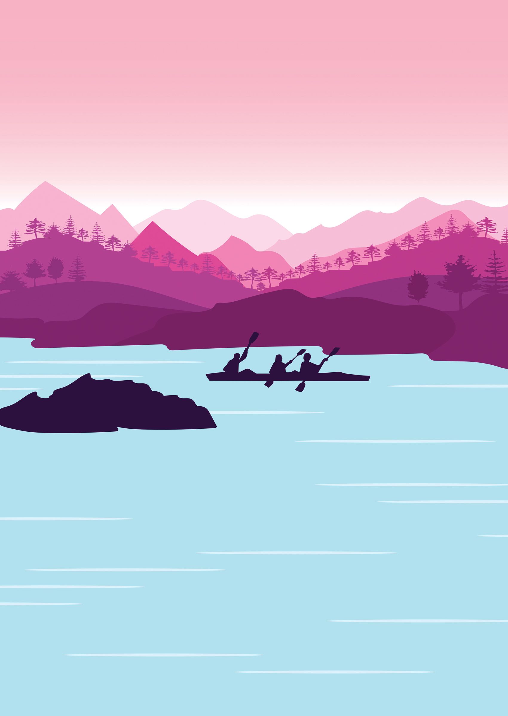 Illustration of a small group kayaking along a river