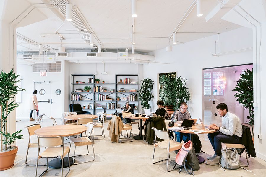 Communal workspace at the WeWork location at 205 Hudson St. in New York.