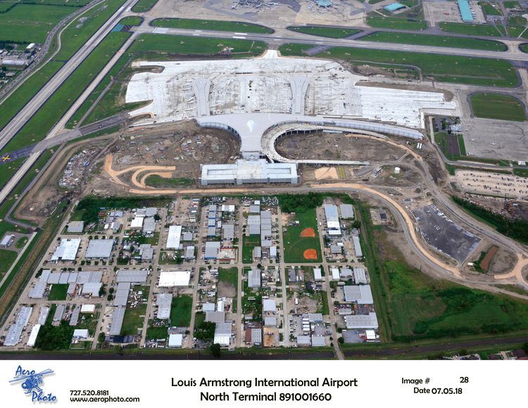 An aerial view of terminal construction at Louis Armstrong Airport in New Orleans. When it opens in February, it will be the first new terminal built at one of the 50 busiest U.S. airports since Indianapolis in 2008. (Photo Courtesy of the New Orleans Aviation Board)