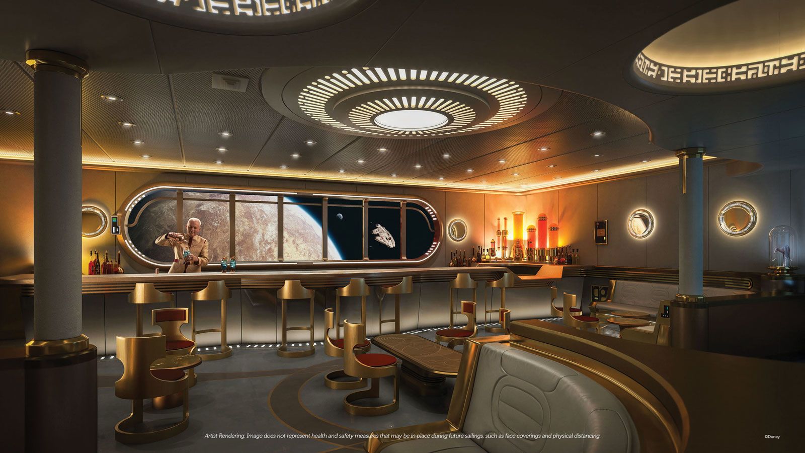 A rendering of the Hyperspace Lounge, where themed drinks and bites will be served as iconic starships zip past large “windows.”