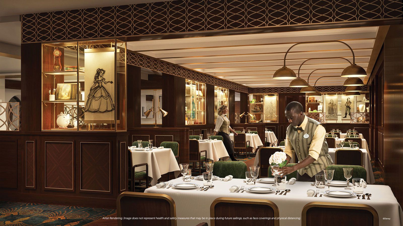 A rendering of the Disney Wish's new eatery, 1923, named for the year the Walt Disney Company was founded and a celebration of its own legacy, the golden age of animation and a tribute to its California heritage.
