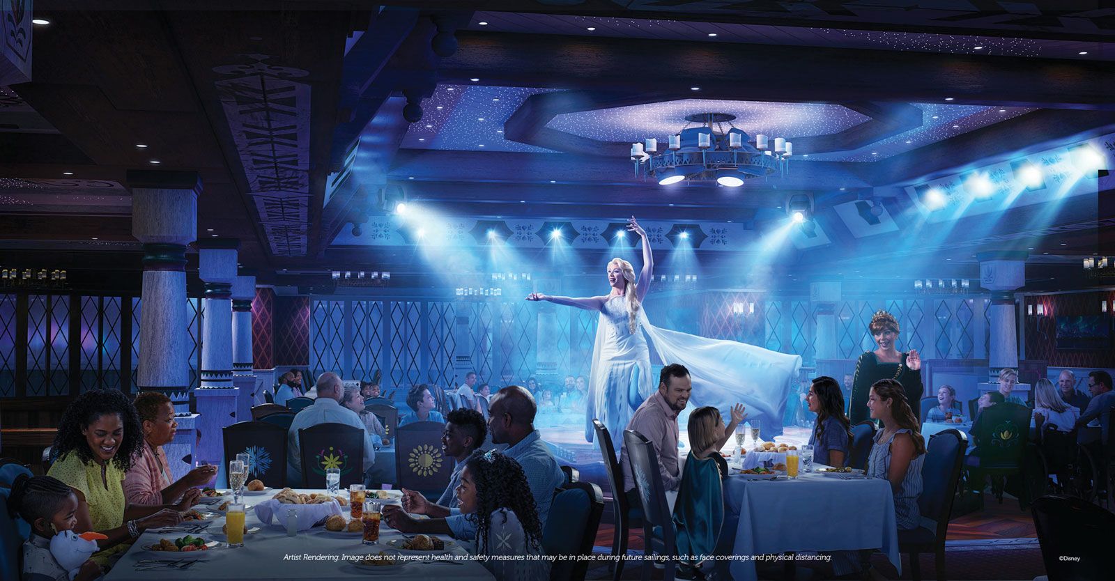 A rendering of the Disney Wish's Frozen Dining Adventure, Disney’s first Frozen-themed theatrical dining experience, and offers live entertainment with characters including Elsa and Olaf, and Nordic-influenced class cuisine in a theater-in-the-round venue.