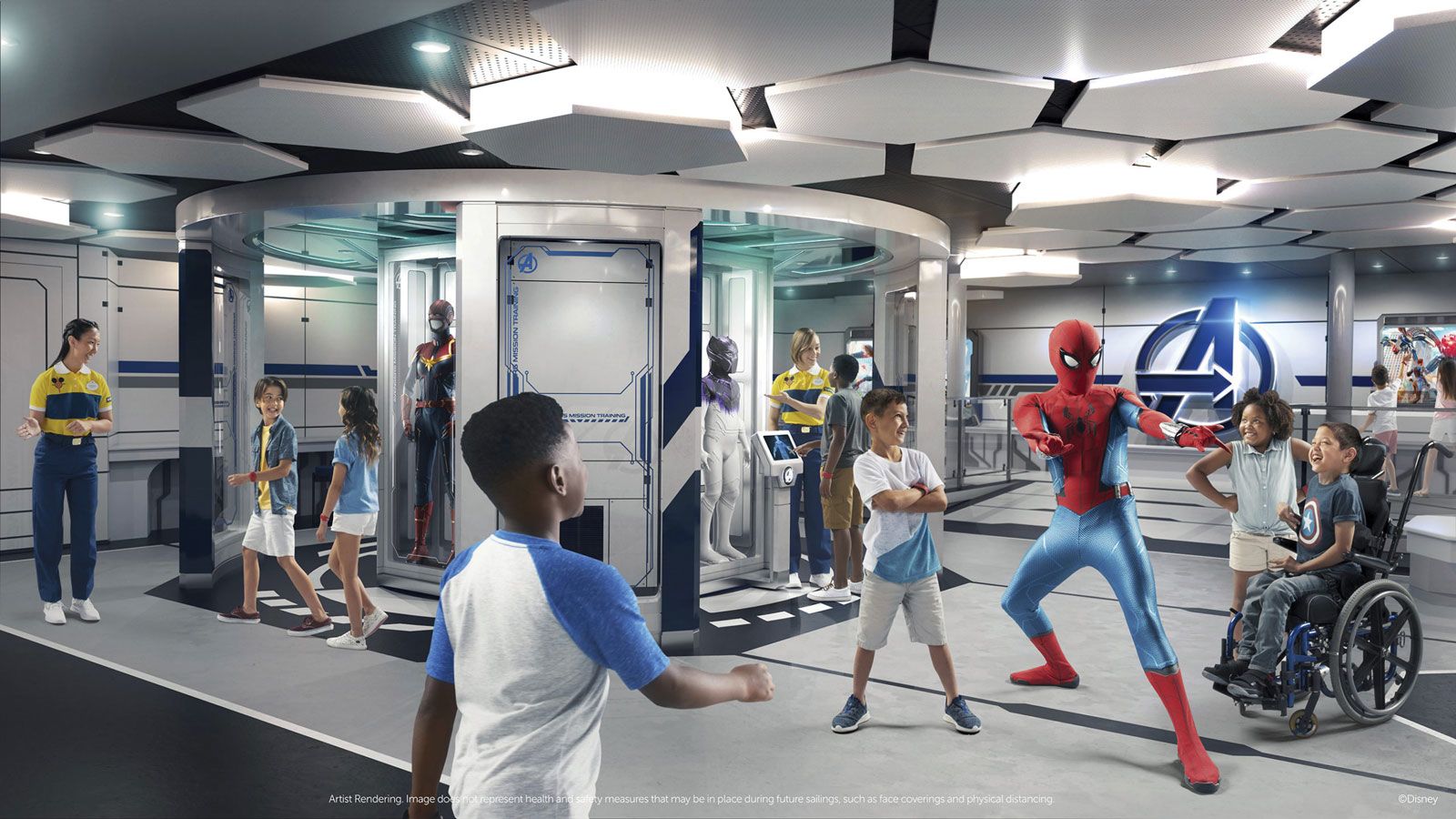 The Disney Wish's Marvel Super Hero Academy enables kids to train to be the next generation of super heroes with the help of Spider-Man, Black Panther, Ant-Man and the Wasp.