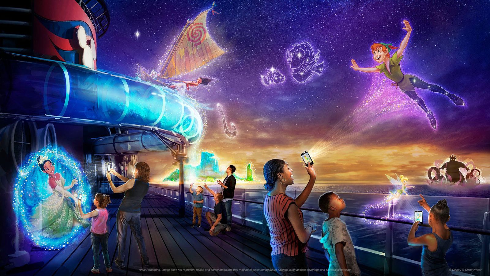 Passengers use a mobile app to participate in Disney Uncharted Adventure, an interactive experience that encourages full ship and full-family participation.