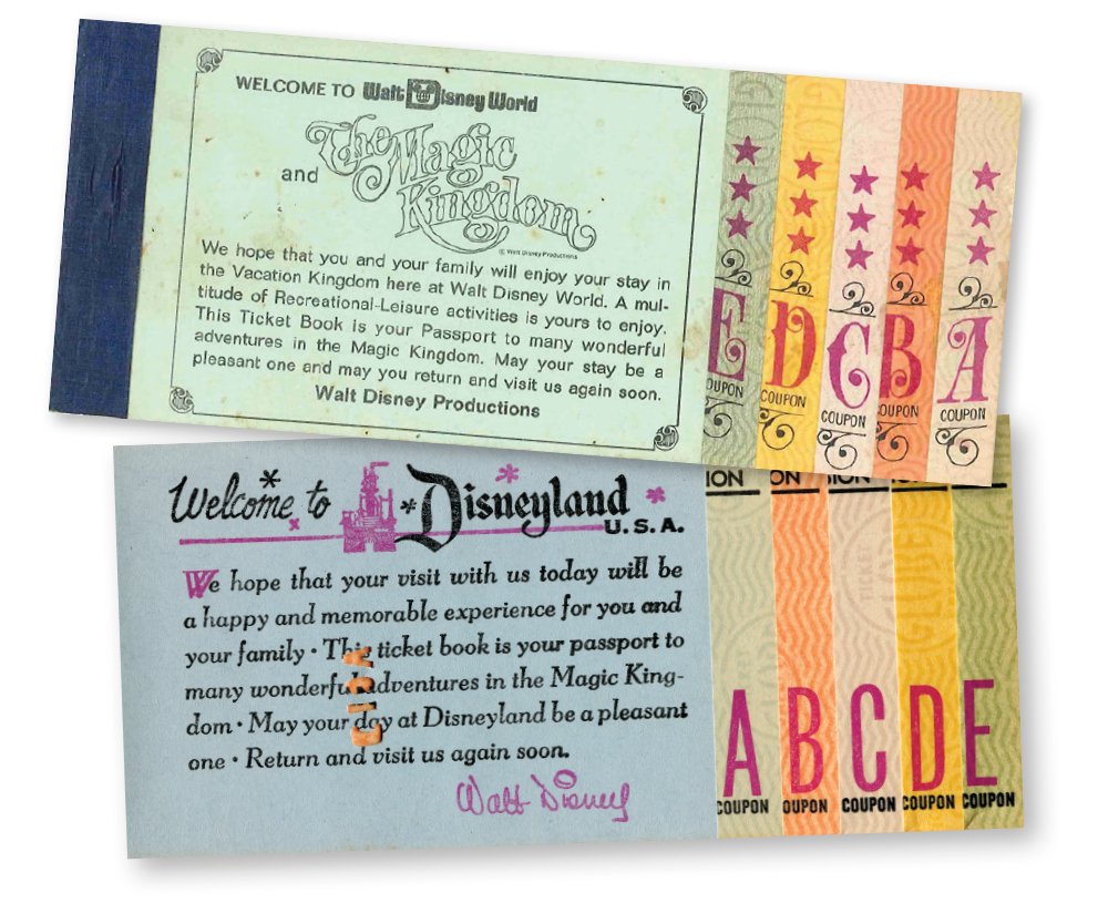 Tickets for Disneyland and Disney World have evolved. Top, a Disney World ticket book featuring attractions grouped by popularity and sophistication, with E-ticket attractions being the most sought after. (Photo by Lou Mongello) Above, a ticket book for Disneyland. (Photo by Disney)