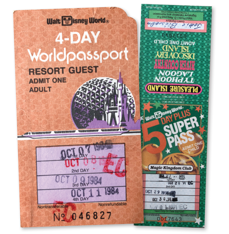 Left, a ticket book for Disneyland. Right, a four-day ticket for Disney World from 1984, after Disney had switched to single-price entry. Right, a five-day Disney World ticket from 1991. (TW photos by Jamie Biesiada)