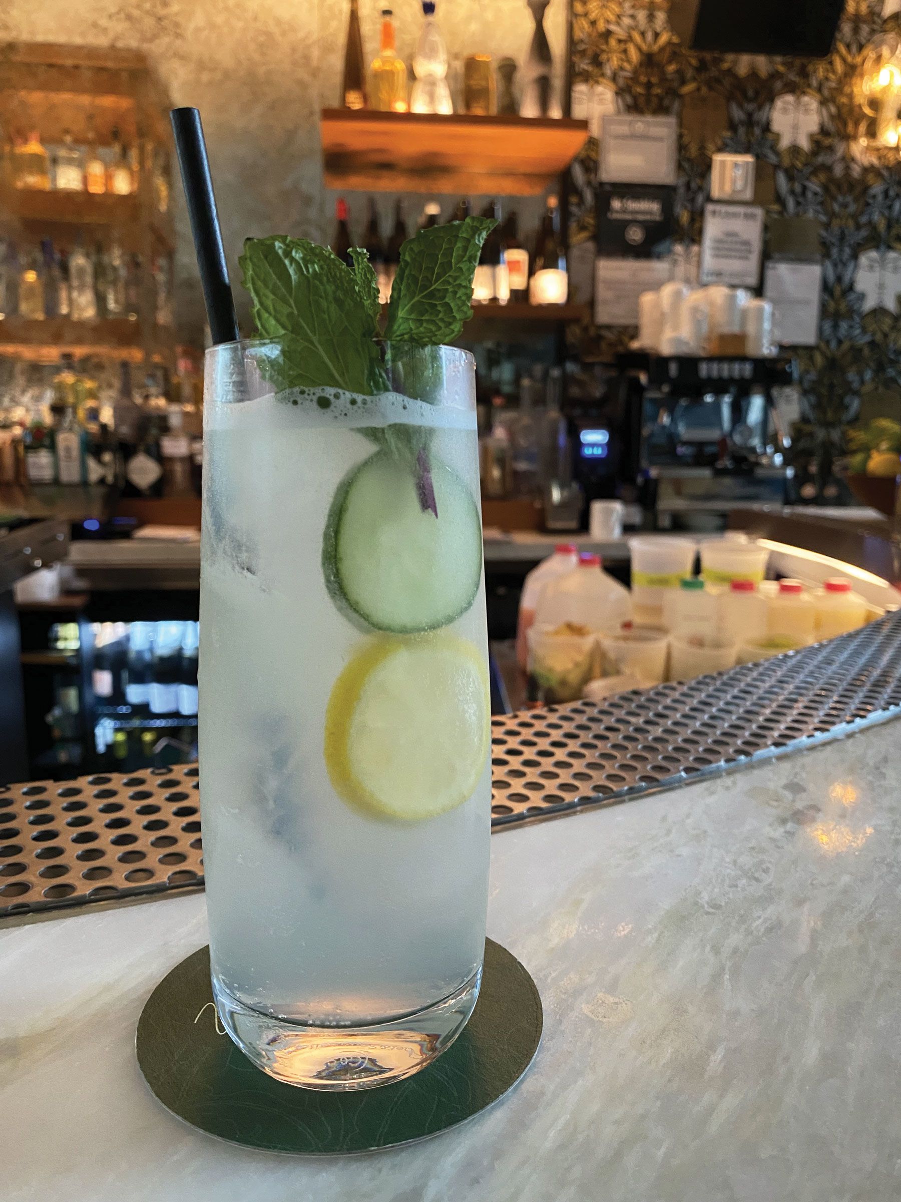 The horseshoe shaped bar at Veranda serves the very refreshing Summer Collins, a cocktail with cucumber vodka and elderflower liquor, and adorned with a mint sprig. (TW photo by Johanna Jainchill)
