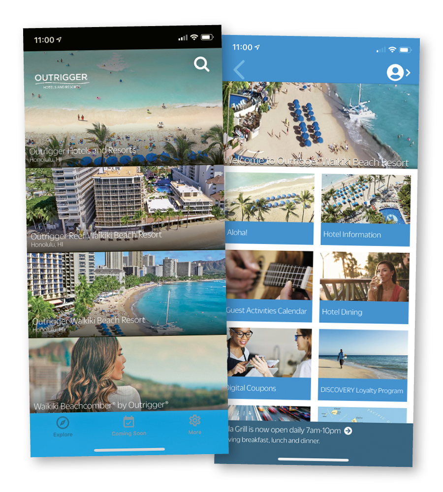 When the Waikiki Beachcomber by Outrigger was relaunched in April 2019, the company implemented a new technology package, including an app, right, that connects guests to a variety of services and information. 