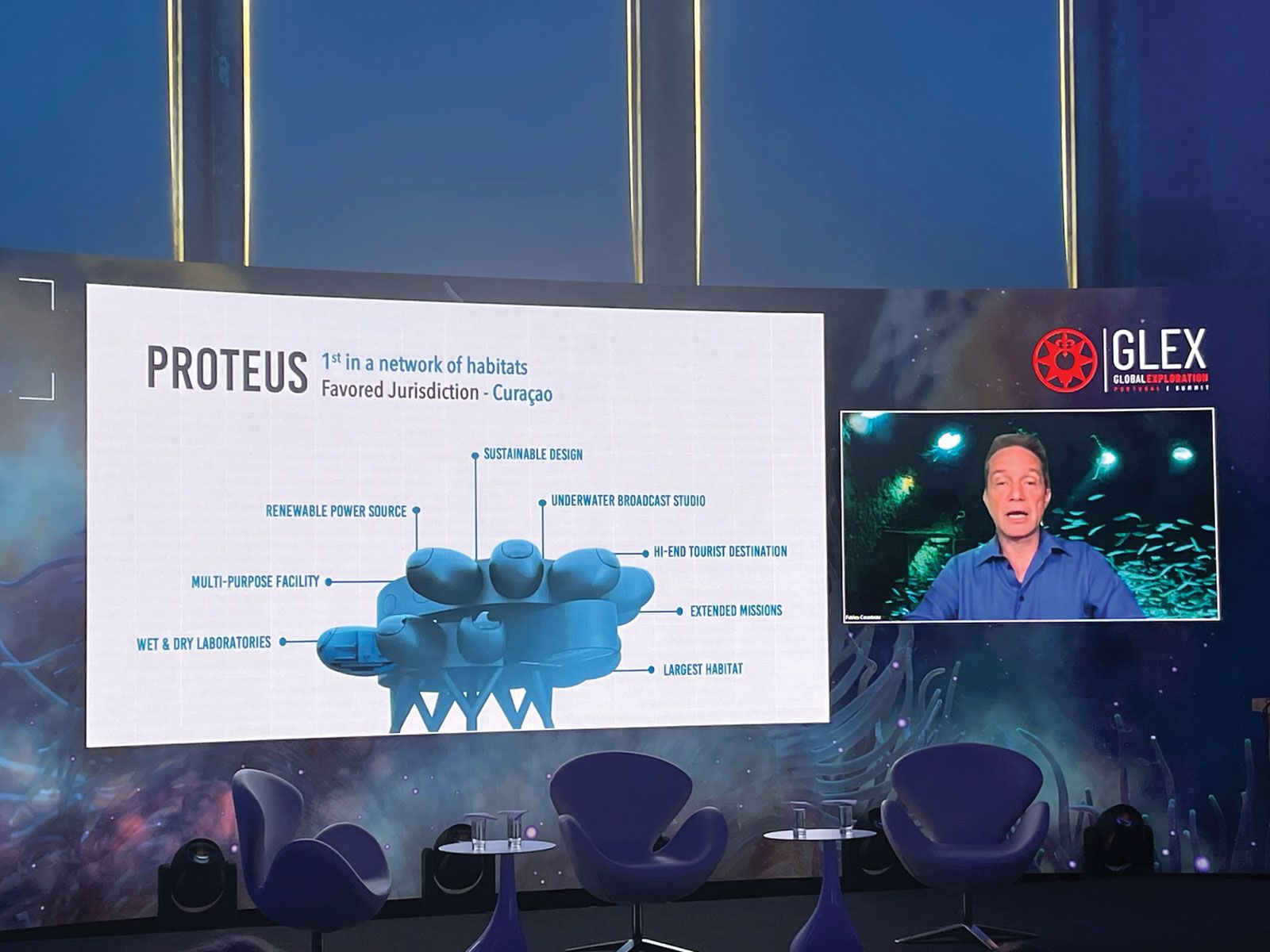 Fabien Cousteau discusses the planned underwater exploration lab, Proteus, which will host high-end tourists he called “aquanauts.” (TW photo by Arnie Weissmann)
