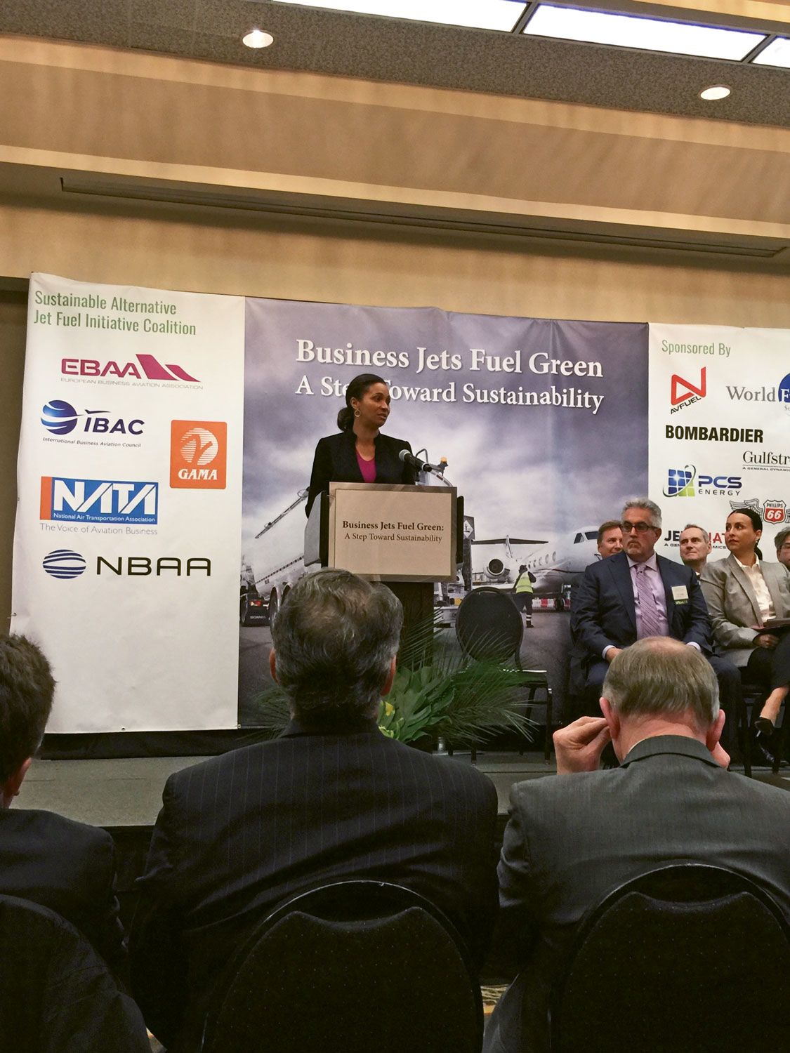 Deborah Flint, CEO of Los Angeles World Airports, speaks at a conference on sustainable jet fuel in Van Nuys, Calif., in January. (TW photo by Robert Silk)
