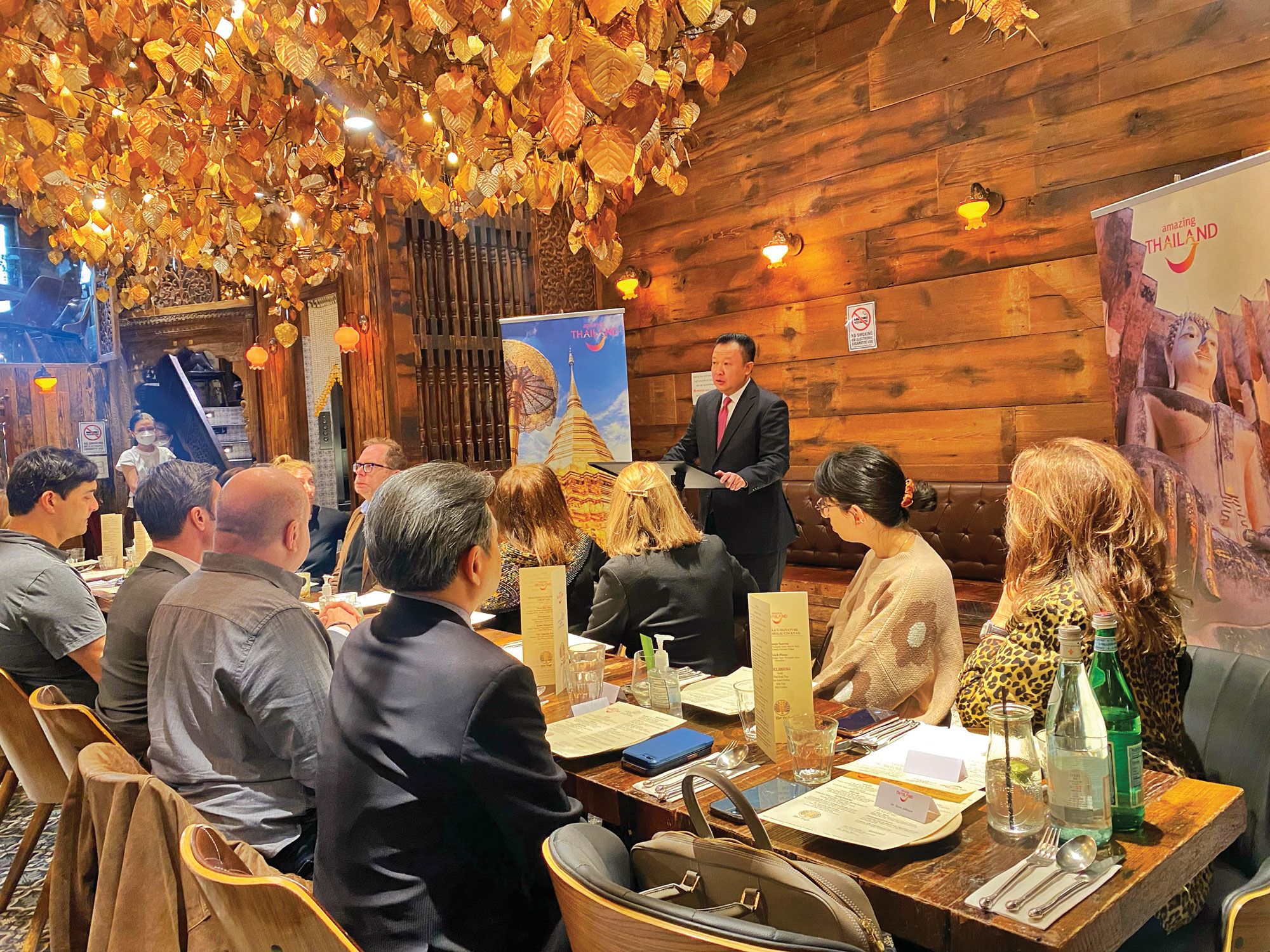 Yuthasak Supasorn, governor of the Tourism Authority of Thailand, speaking at a luncheon for travel advisors in New York. (Courtesy of Tourism Authority of Thailand)