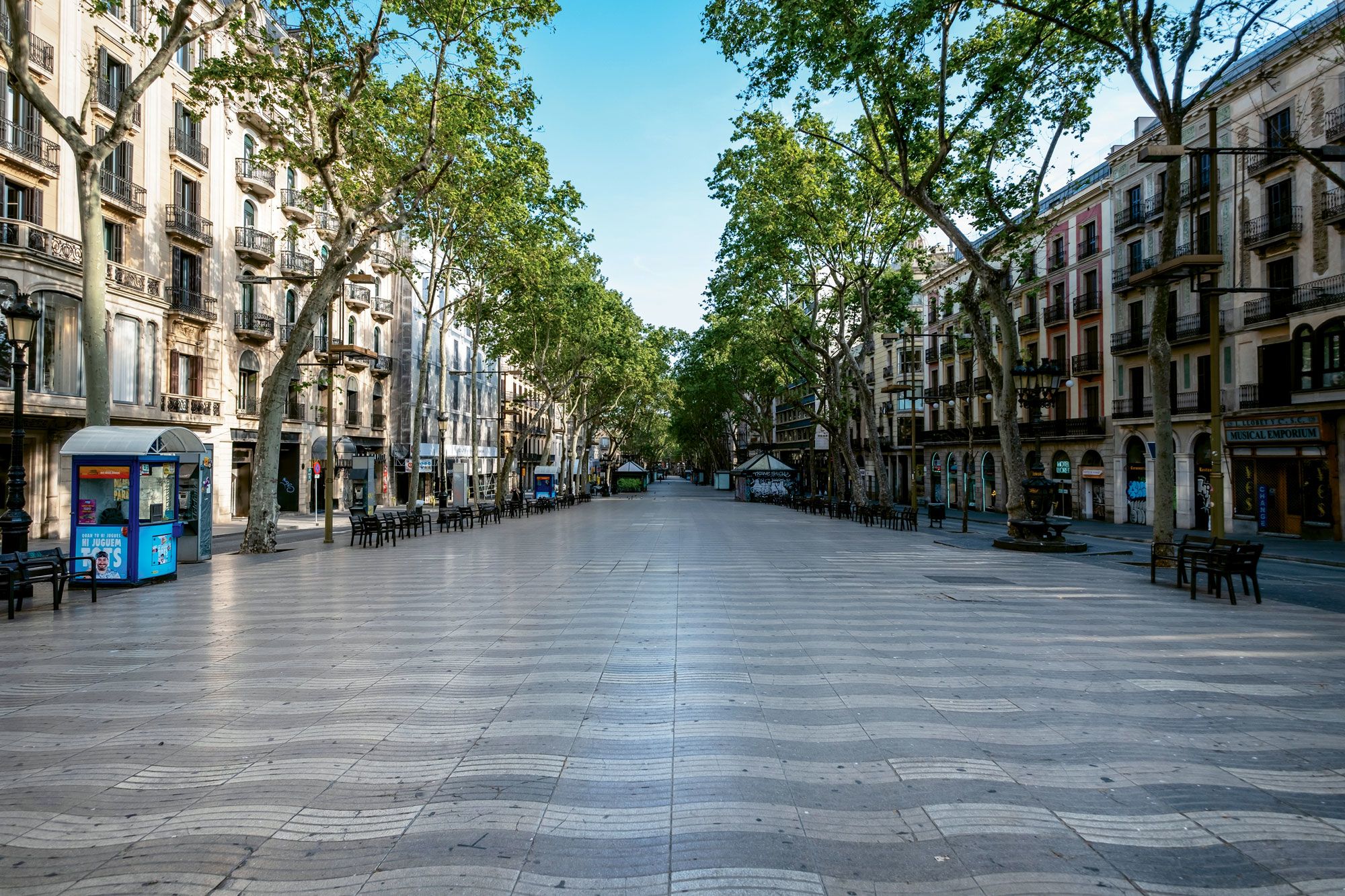 There was plenty of space on Barcelona’s famed Las Ramblas, which is normally thronged by tourists, in April because of the pandemic shutdown. (Photo by ikumaru/Shutterstock.com)