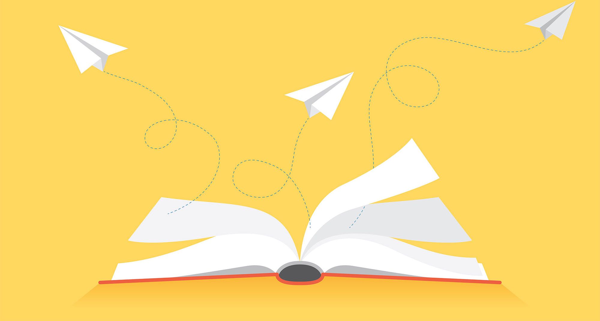 Illustration of an open book with paper airplanes flying out of the pages