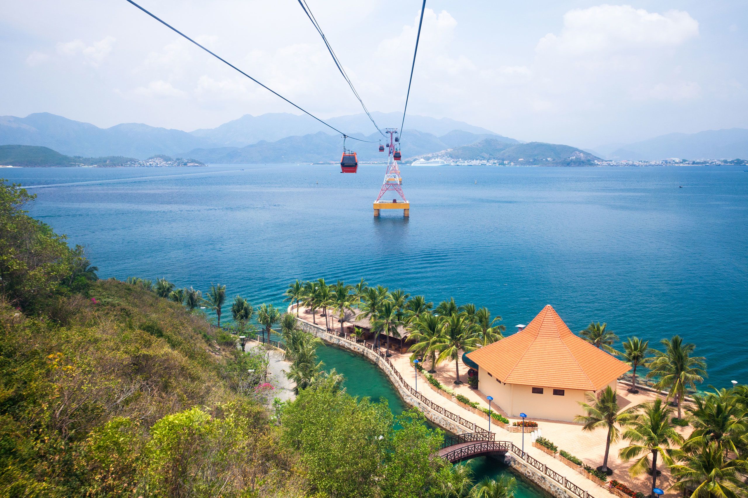 One of the world's longest cable car, leading to Vinpearl Amusement Park, view from cabin. Nha Trang, Vietnam.  (Credit: ErmakovaElena/Getty Images)