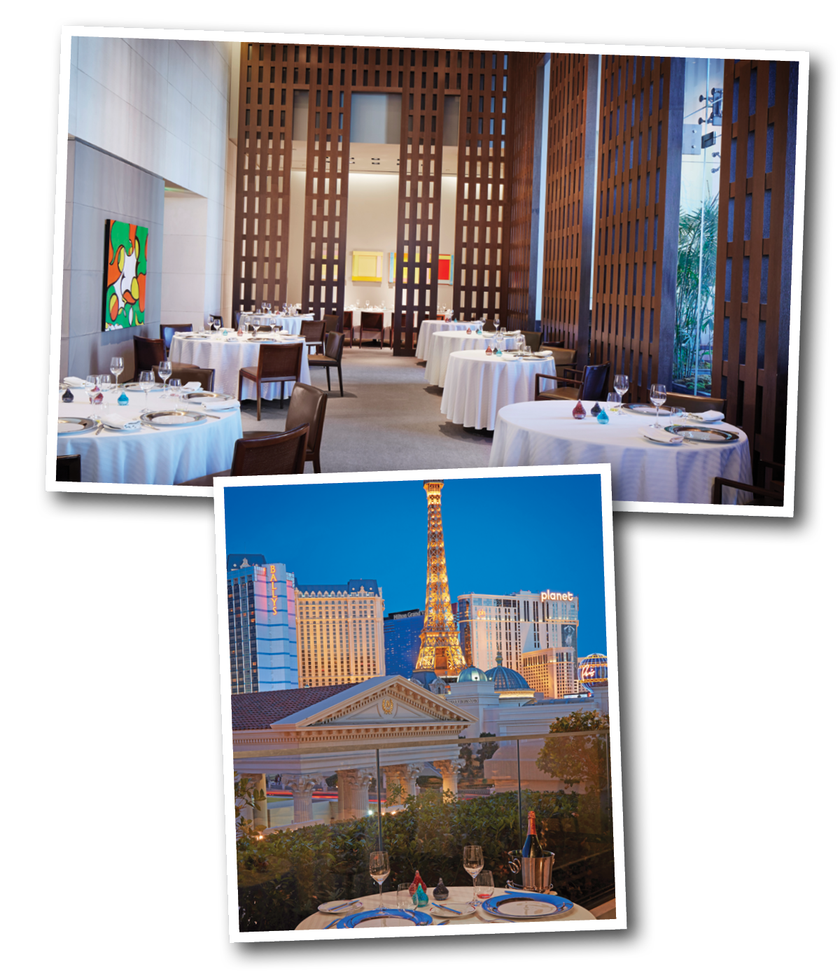 Top, the dining room at the Michelin-starred Guy Savoy at Caesars Palace. Above, the view from Guy Savoy at Caesars.