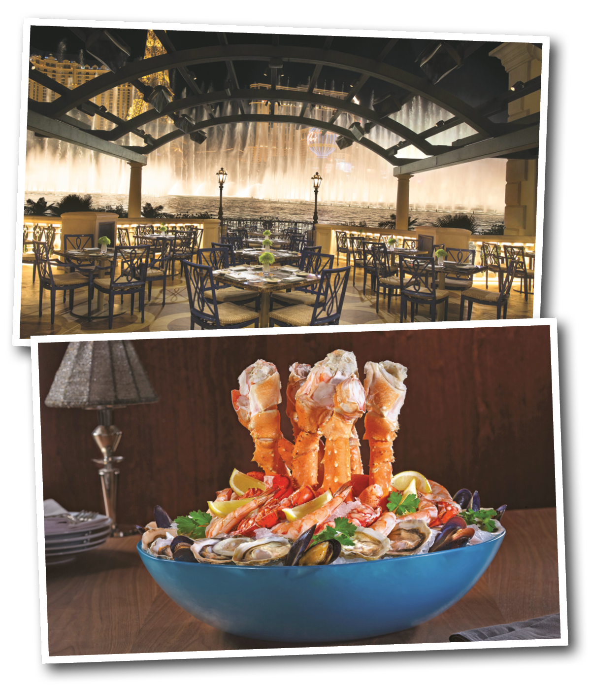 Top, the dining area with views of the Fountains of Bellagio at Jean-Georges Vongerichten’s Prime Steakhouse, one of the casino-resort’s stable of lavish restaurants run by big-name chefs. Above, crab legs at Prime.