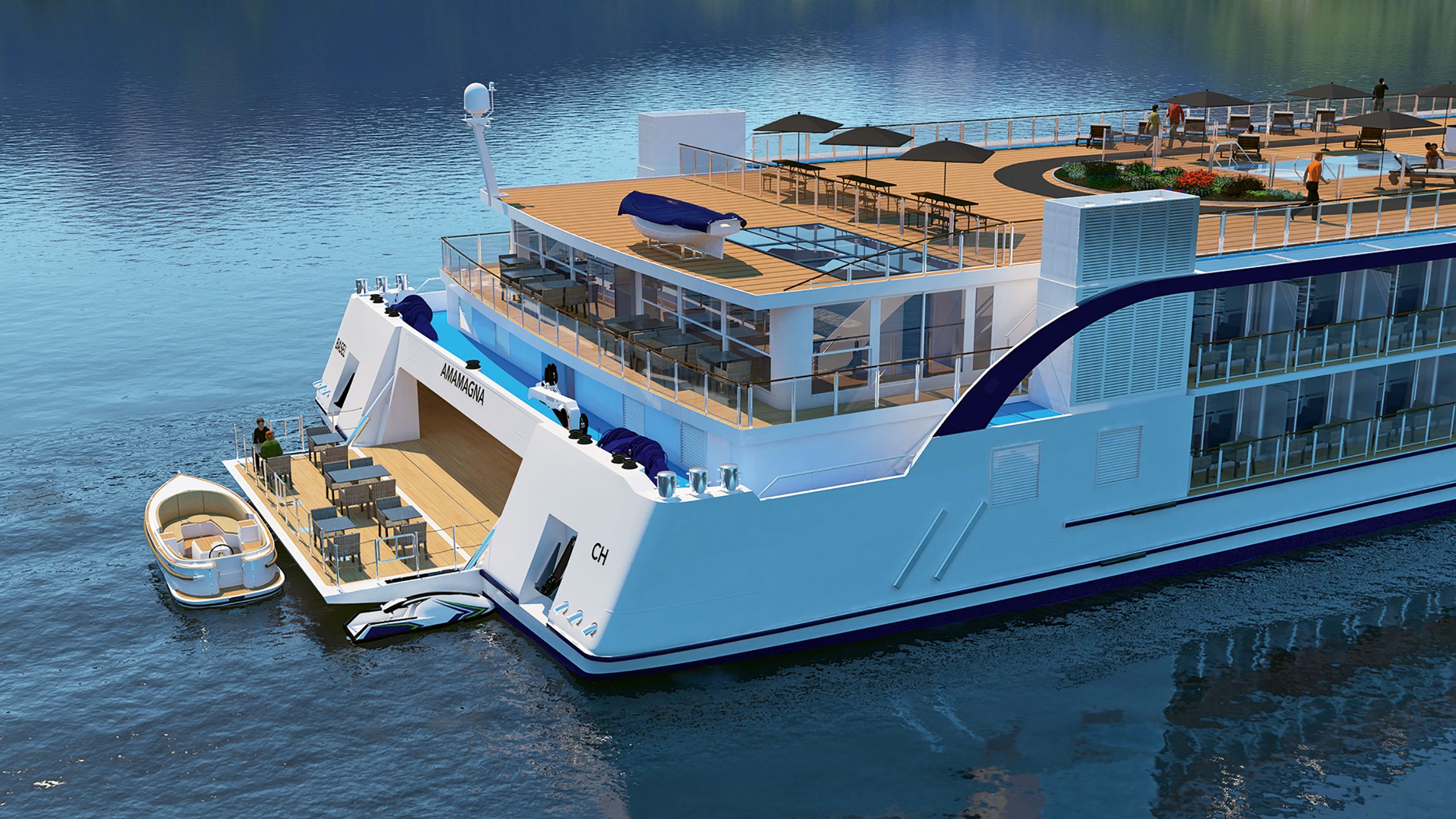 The upcoming AmaMagna, which will be the largest river cruise ship sailing Europe’s rivers, will feature a deck for launching watercraft.