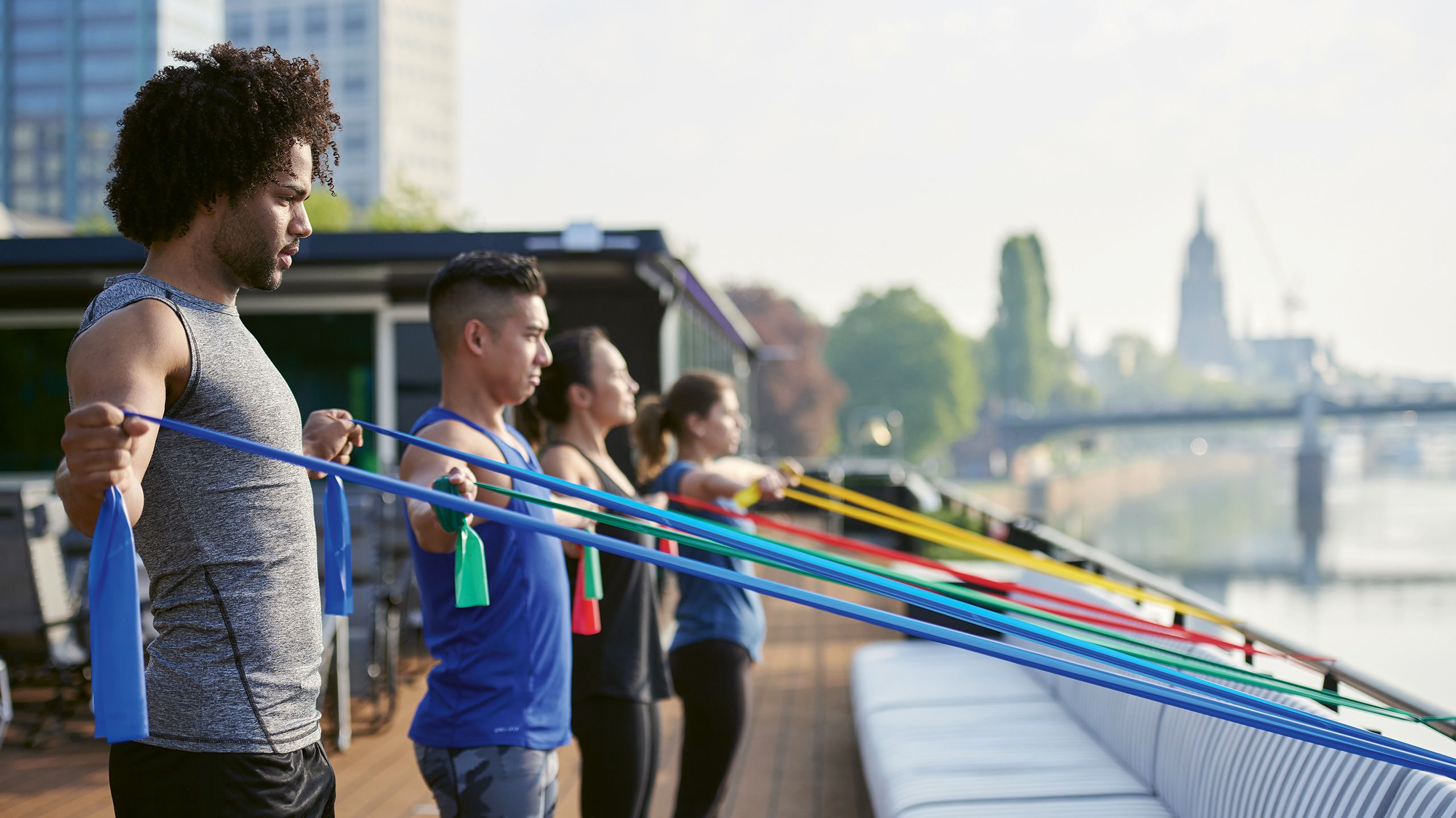 A TRX, or suspension training, class onboard a U by Uniworld ship. The brand, launched by Uniworld Boutique River Cruise Collection, was originally age-restricted and focused on the millennial market. 