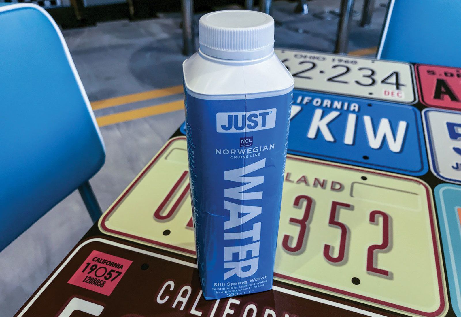 Water cartons were available to guests on a preview of Norwegian Cruise Line’s new Norwegian Encore. The cartons are made of 54% paper and 28% plant-based plastic. (TW photo by Rebecca Tobin)