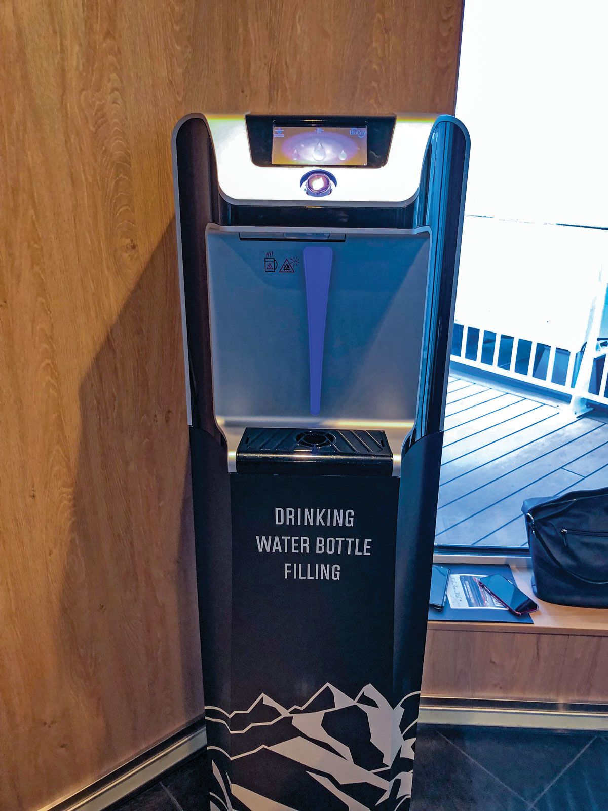 There’s a filling station for water bottles on each deck with cabins on the Roald Amundsen, Hurtigruten’s 530-passenger expedition ship. (TW photo by Tom Stieghorst)