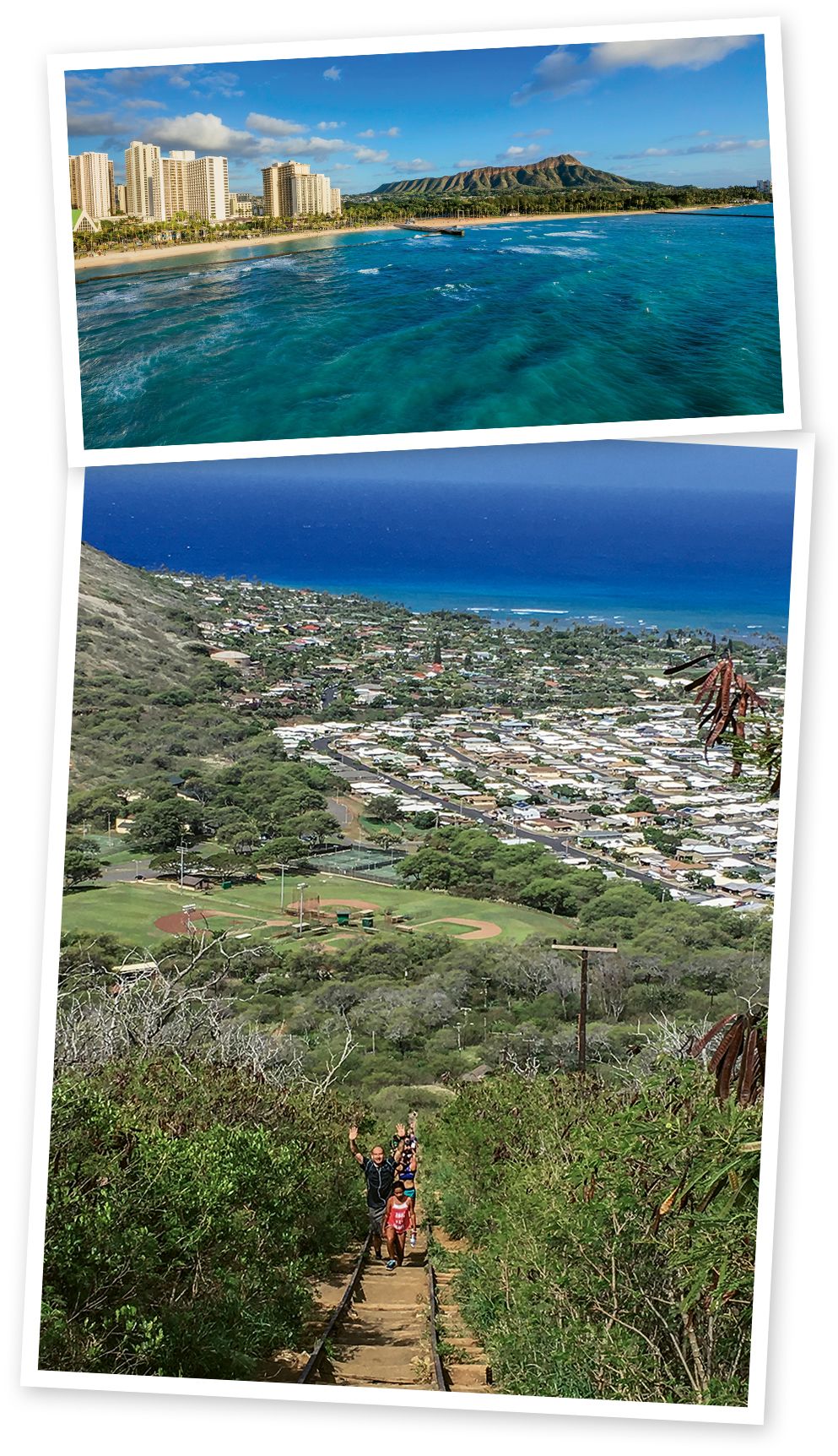 Above, Diamond Head looms over Waikiki Beach on Oahu. As part of the Hawaii Tourism Authority’s Global Tourism Summit last year, University of Hawaii students created an app that points users to the Koko Crater Trail, right, when waits for hiking Diamond Head are too long. Photo by Marisa Yamane, Hawaii Tourism Authority