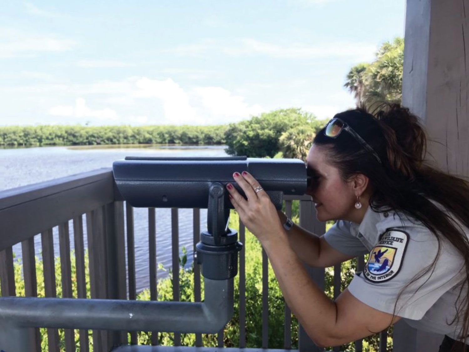 A ranger looks through a spotting scope