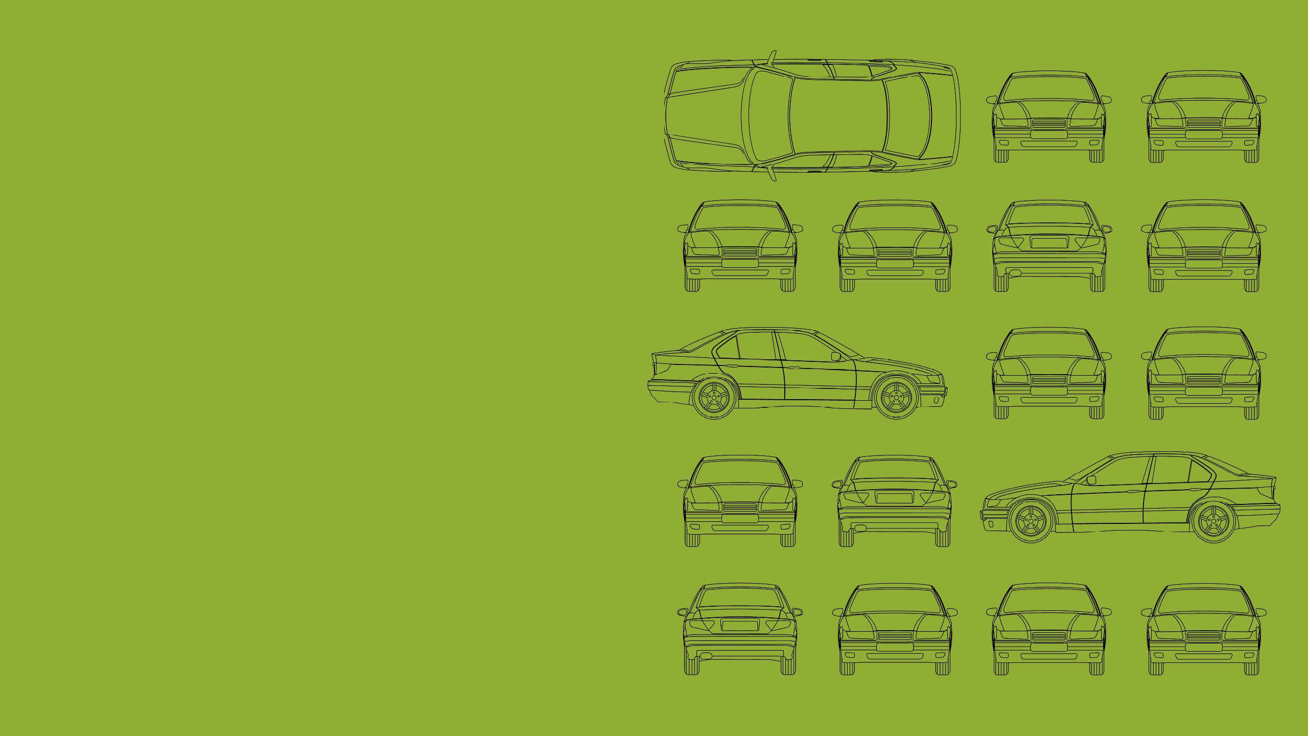 Rows of black outline cars on green background