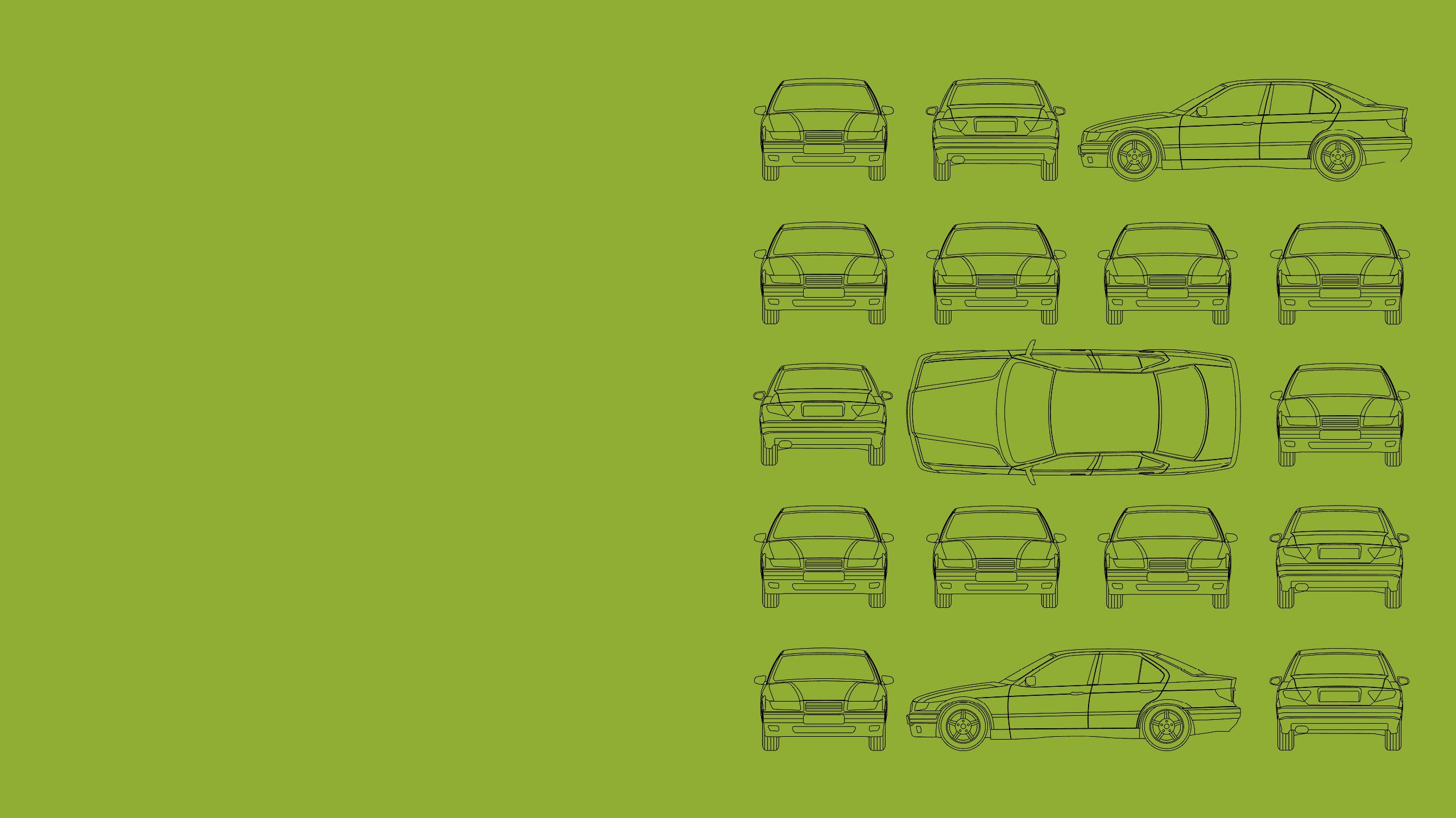 Rows of black outline cars on green background