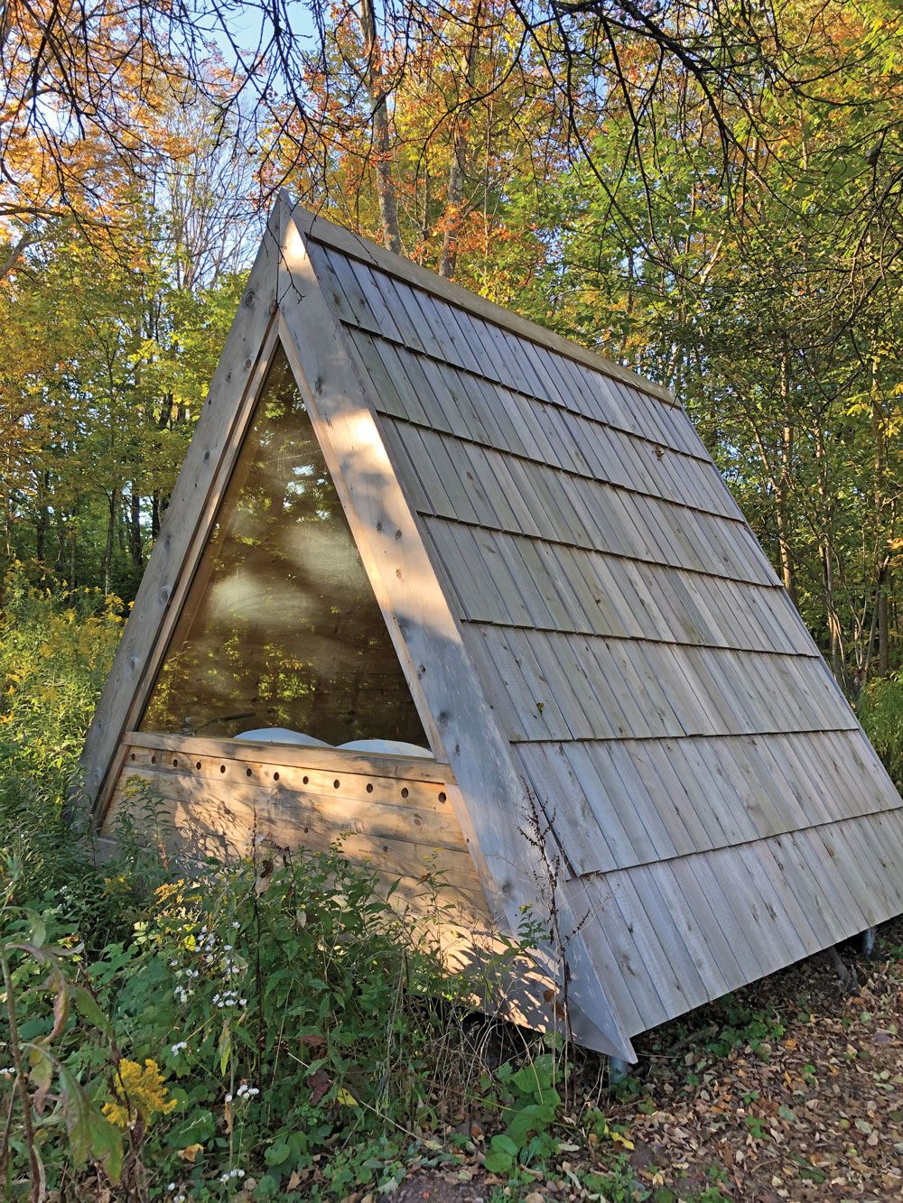 One of the A-frame Lushna cabins at the Eastwind Hotel & Bar, a boutique property outside Windham, N.Y., that also has 16 traditional guestrooms and a main building with a check-in area and common space. (TW photo by Christina Jelski)