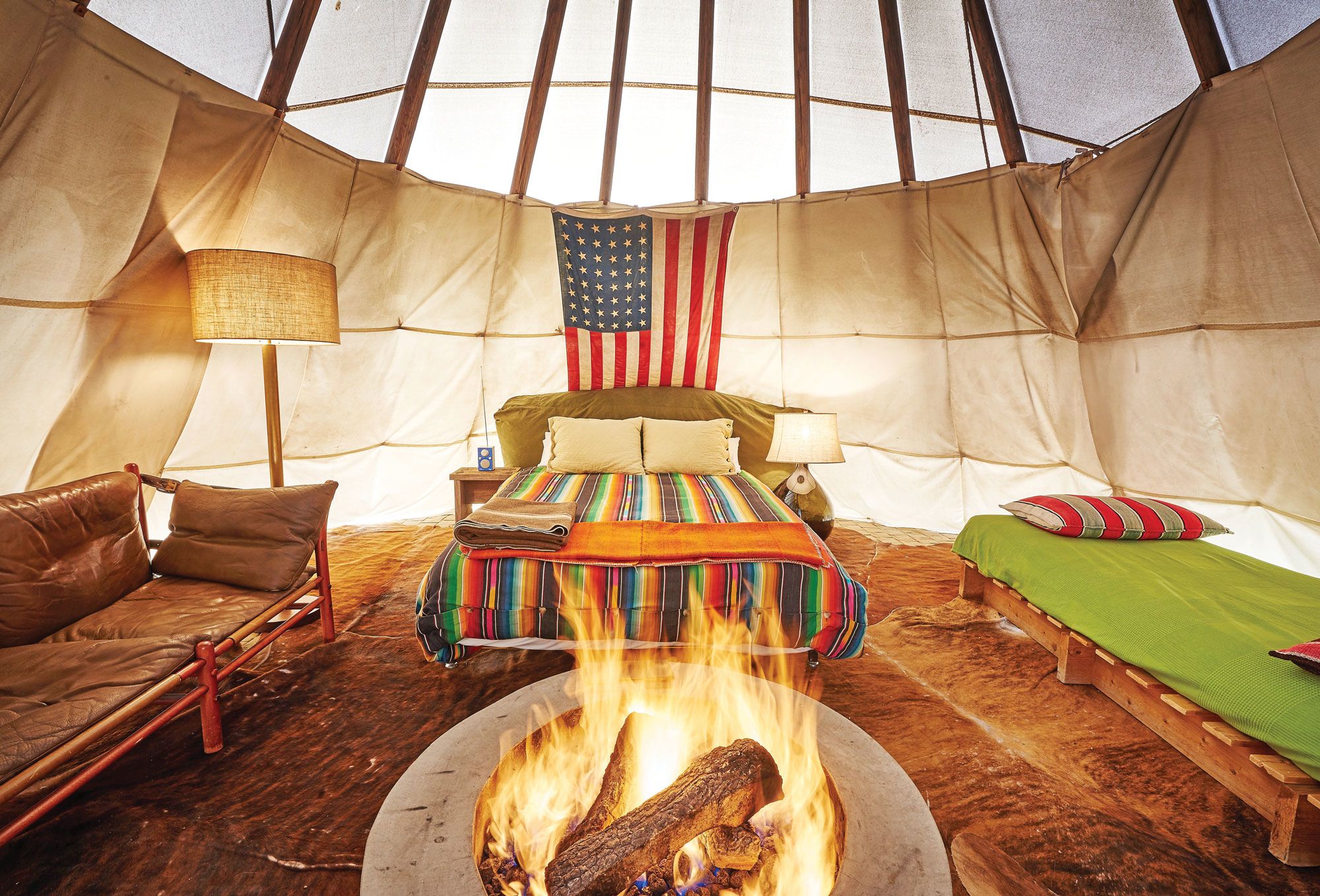 A tepee interior at El Cosmico in Marfa, Texas. (Photo by Nick Simonite)