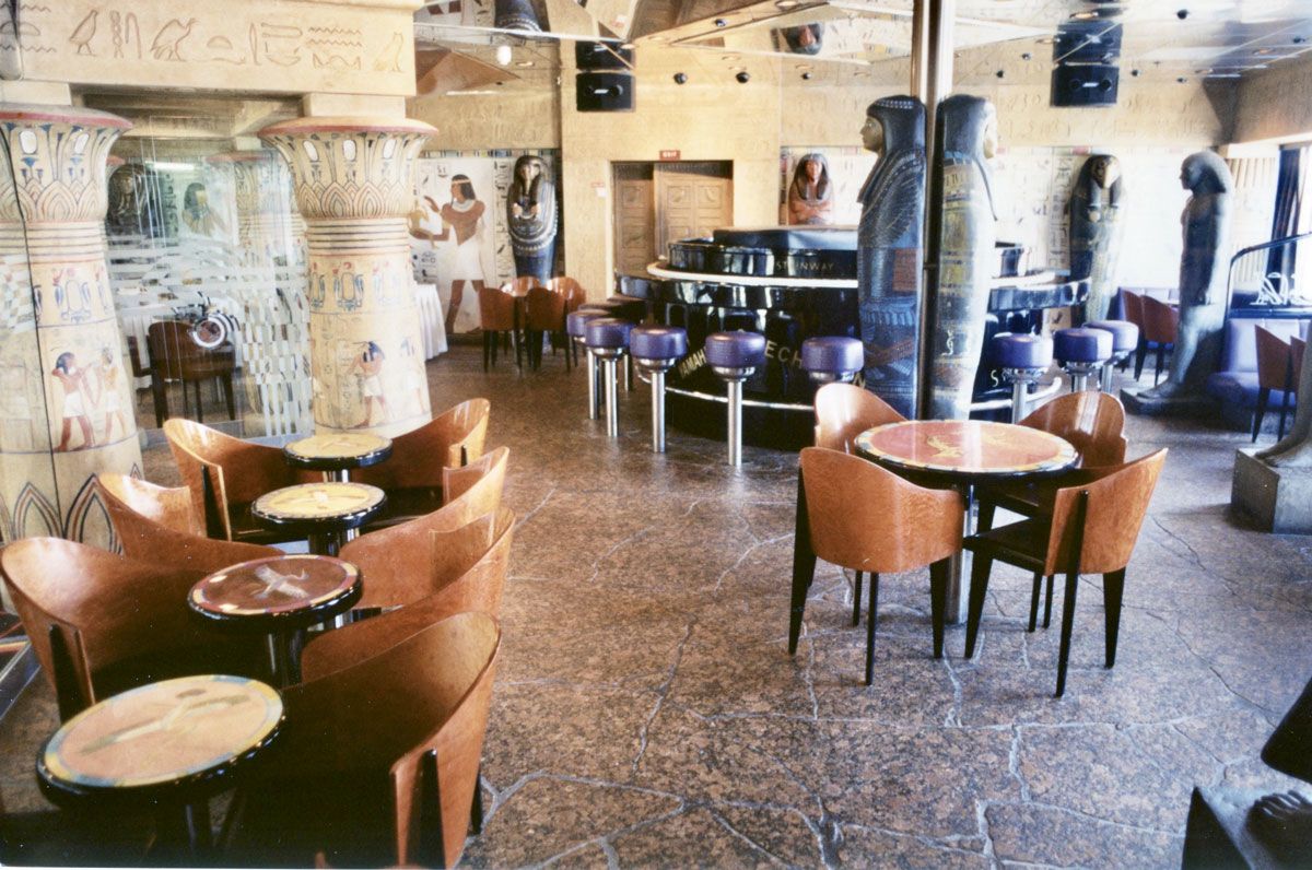 Like its sisters, the Fantasy, which was renamed Carnival Fantasy in 2007, featured whimsical entertainment decor by legendary architect Joseph Farcus. This is his Egyptian-themed Cleopatra’s Bar.