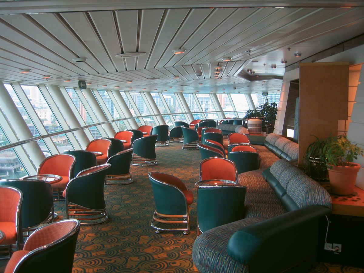 The Monarch and Sovereign featured Viking Crown Lounges that were suspended from their funnels, offering spectacular 360-degree views through canted, full length windows.