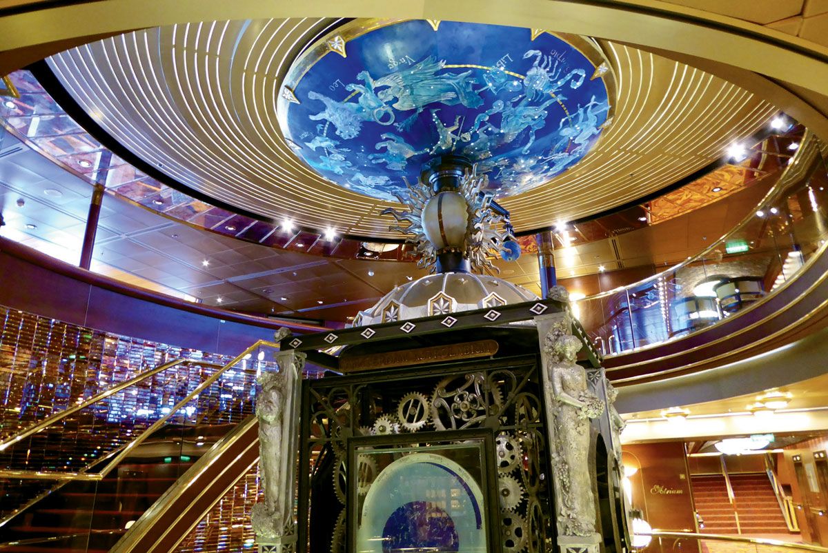 One of the more imposing decorative features aboard the Amsterdam is the huge world clock sculpture in the center of the ship’s three deck tall atrium.