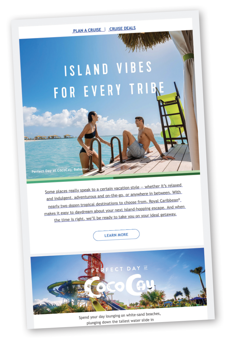 A Royal Caribbean International marketing email sent on May 28 that sales executive Vicki Freed called “subtle and educational … not a hard sale.”