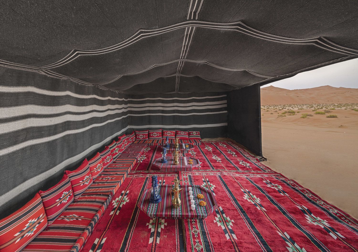 A tented accommodation at Camp Nujum, part of the Qasr Al Sarab Desert Resort by Anantara in Abu Dhabi.