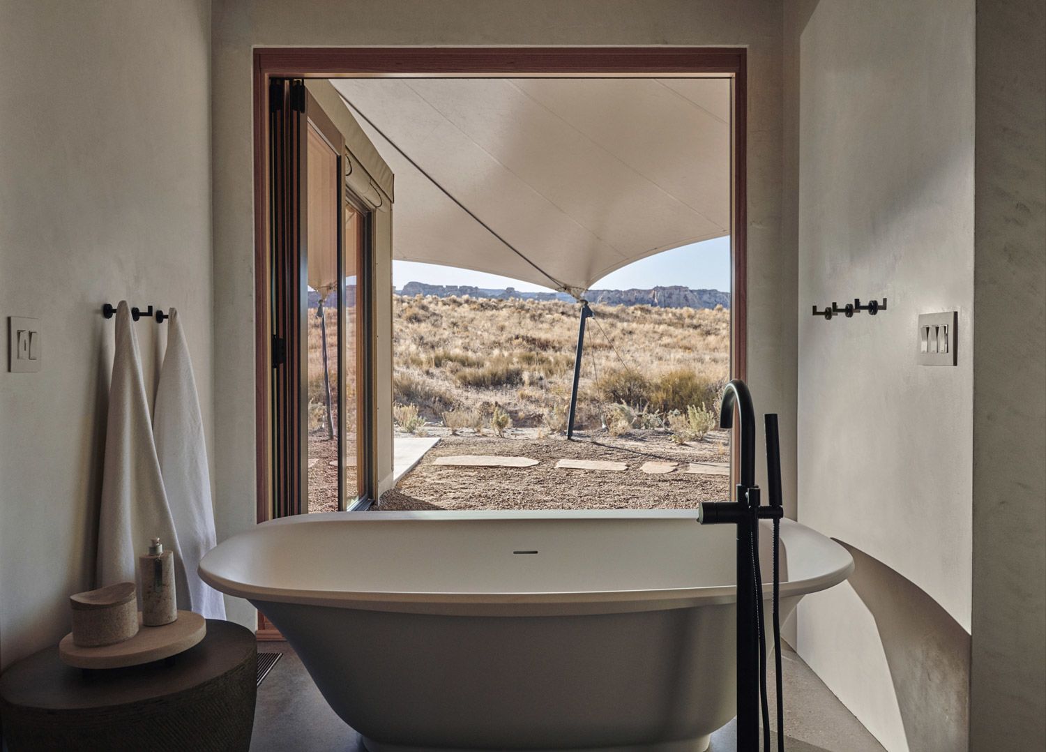 A bathroom at Camp Sarika, which features 10 one- and two-bedroom units. Camp Sarika’s April opening was pushed back to July because of the coronavirus pandemic. Photo courtesy of Aman